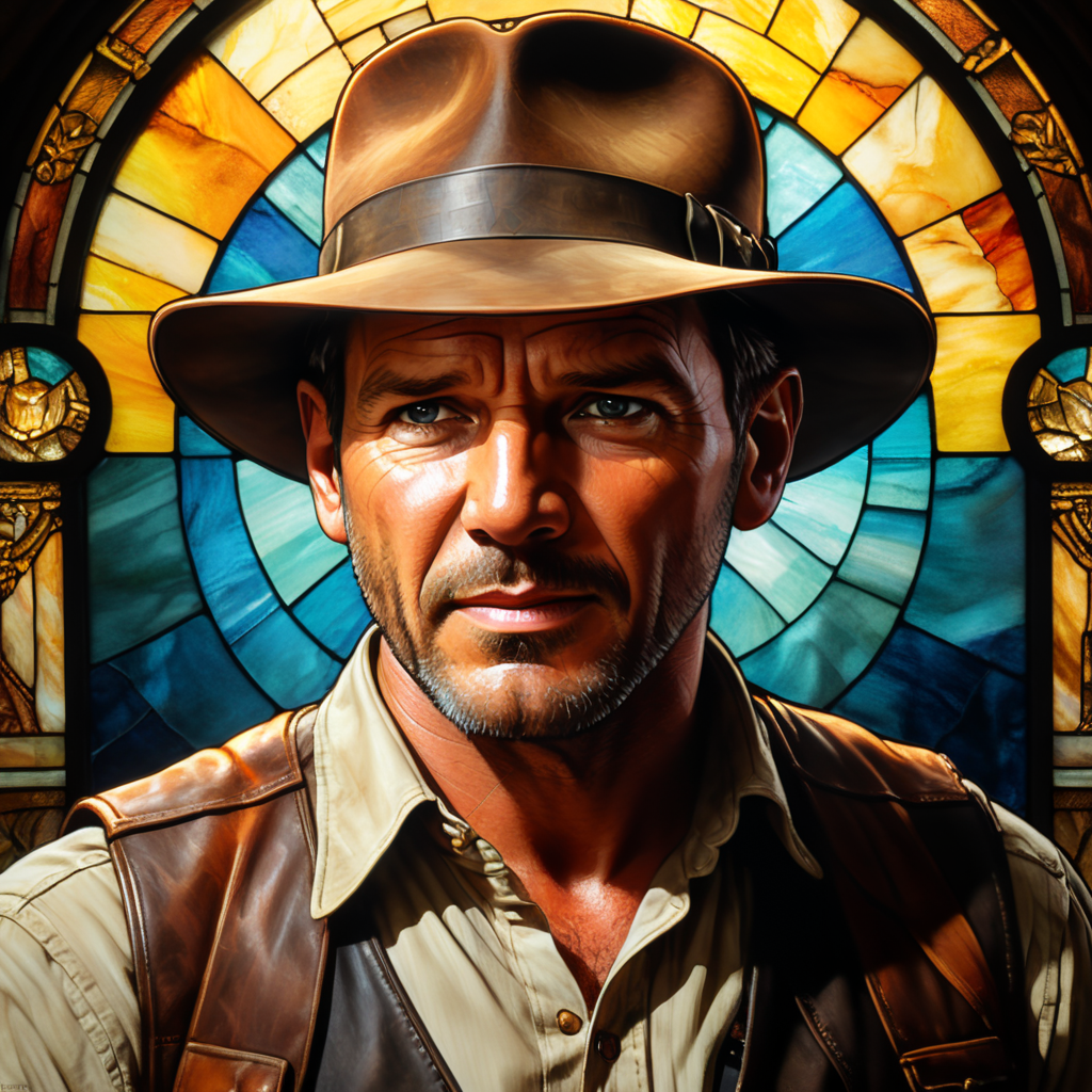 liberty Stained glass Tiffany style portrait of indiana jones, simple, vector style, few colors