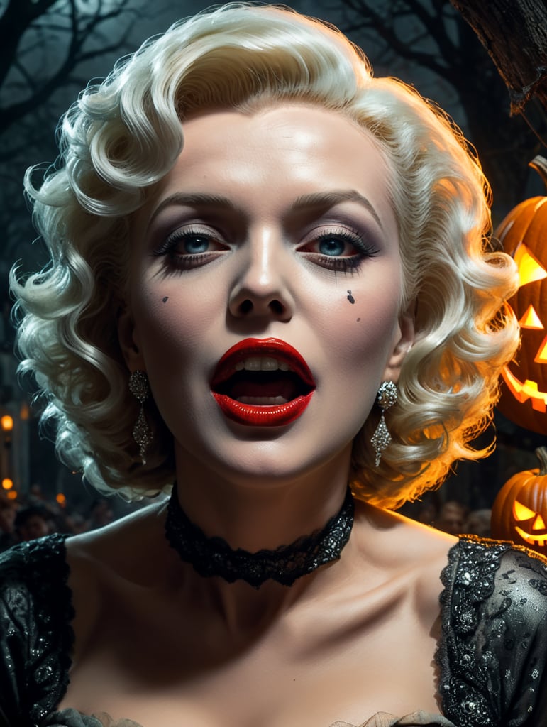 By George A. Romero, eerie Halloween night, Marilyn Monroe resurrected as a ghostly 1950s starlet, haunting old Hollywood set, surreal fear, Halloween charm, cinematic photography, action shoot, movement, epic, high definition