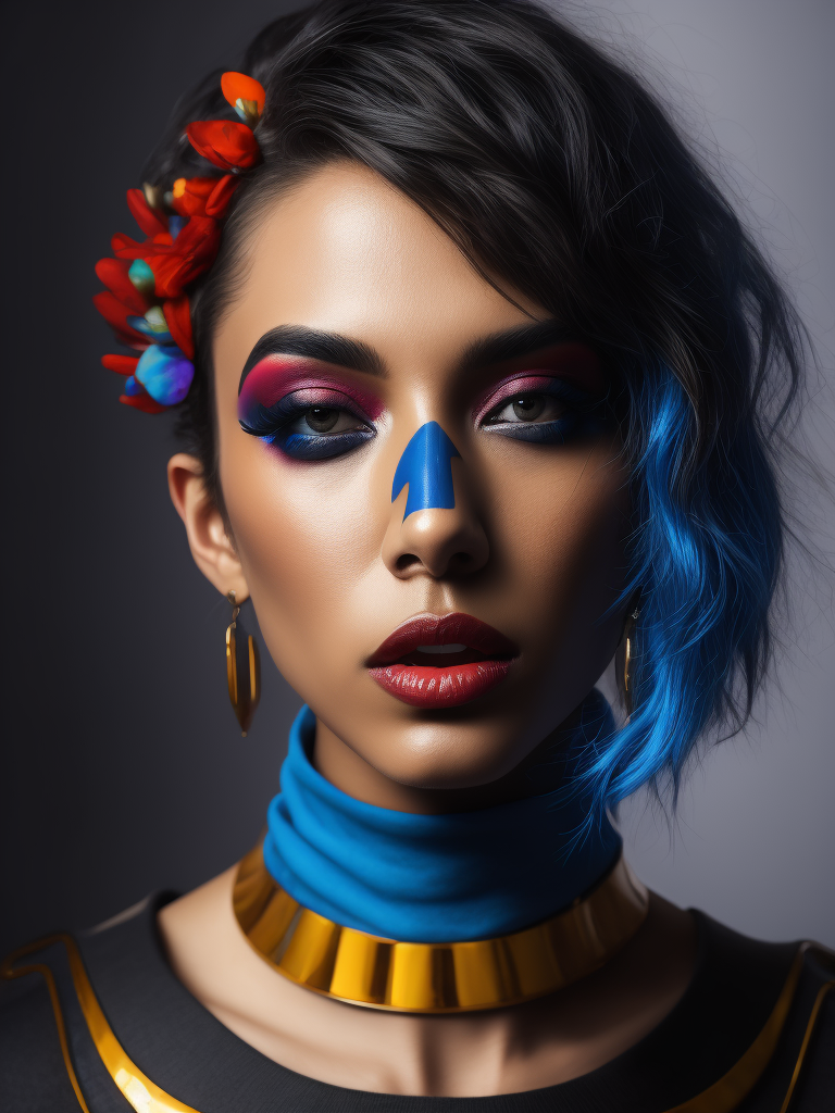 a model wearing makeup, in the style of eclectic pop-art, blue and black, lovecore, spray-paint base, love and romance, bold palette