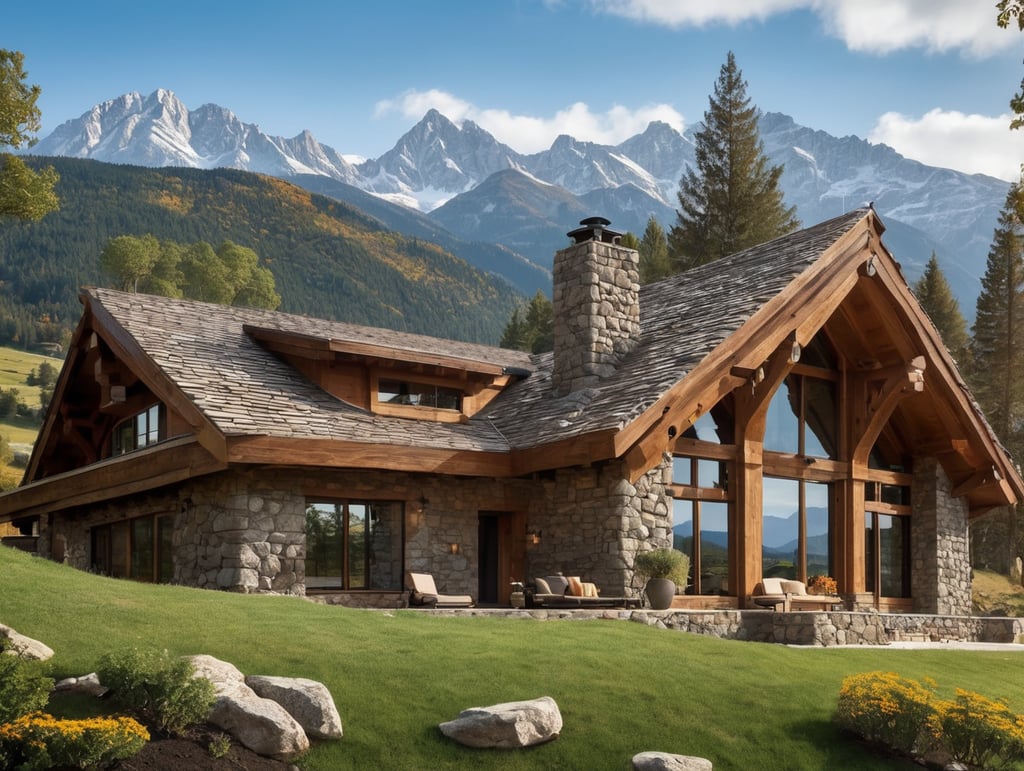 mountain house built of stone, with large windows, mountains in the background