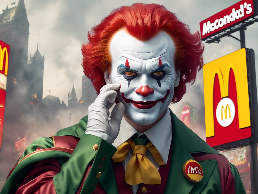 Ronald Mcdonald Joker image with mcdonald's iconic logo billboards and fantasy background