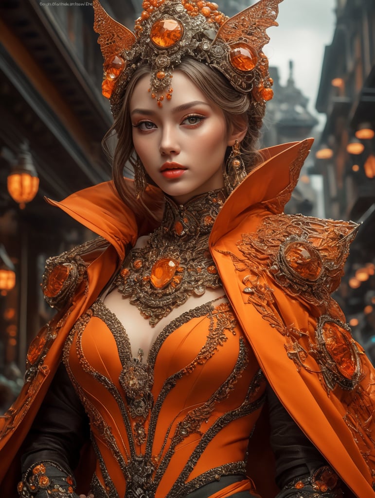 Girl in eco friendly haute couture outfit in the style of anime, surrealism, akira style. details. fine jewelry. eco friendly. orange vibe.