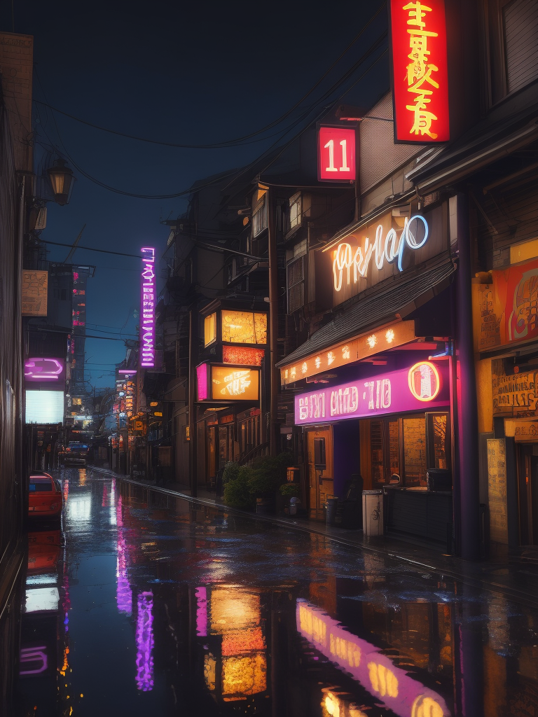 Little Tokyo street at night in neon light, neon advertising, purple-pink-blue tones, puddles on the road, incredible details, sharp focus