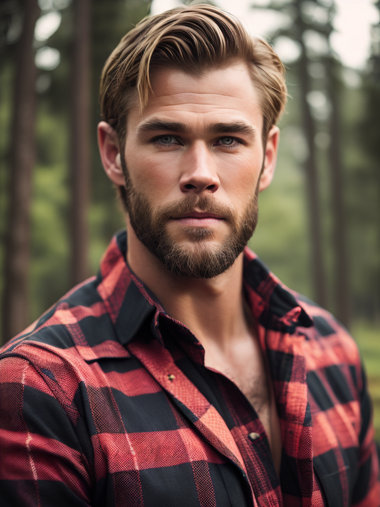 Portrait of Chris Hemsworth as a Canadian lumberjack, with a large beard and a plaid shirt, against the backdrop of a dense forest, bright saturated colors, Contrasting cinematic light