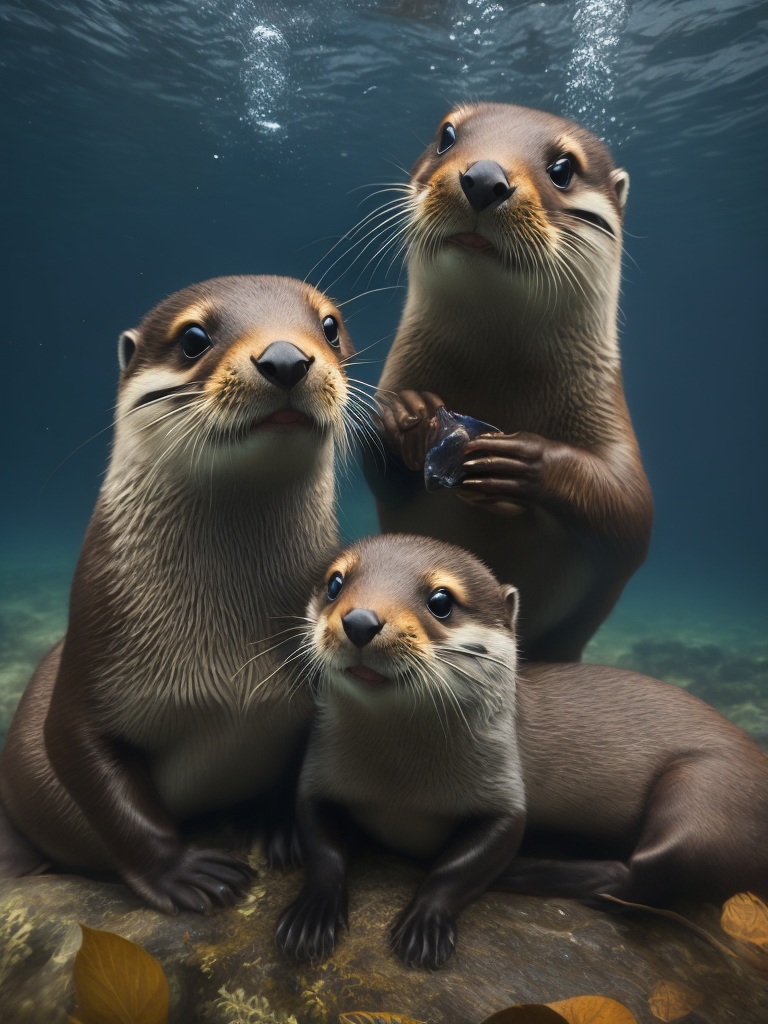 A Family of otters eating fish underwater.