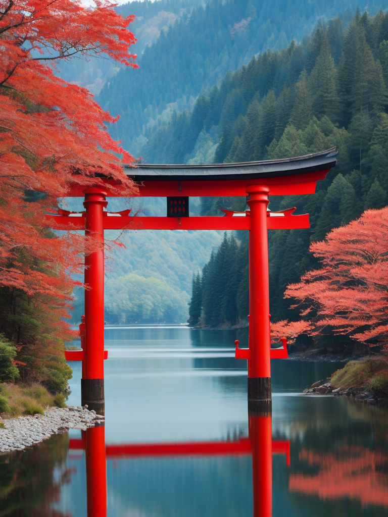 Red torii gate in middle of a lake, Dense forest on the edge of the lake, Bright and saturated colors, Japanese culture, photorealistic, contrast light