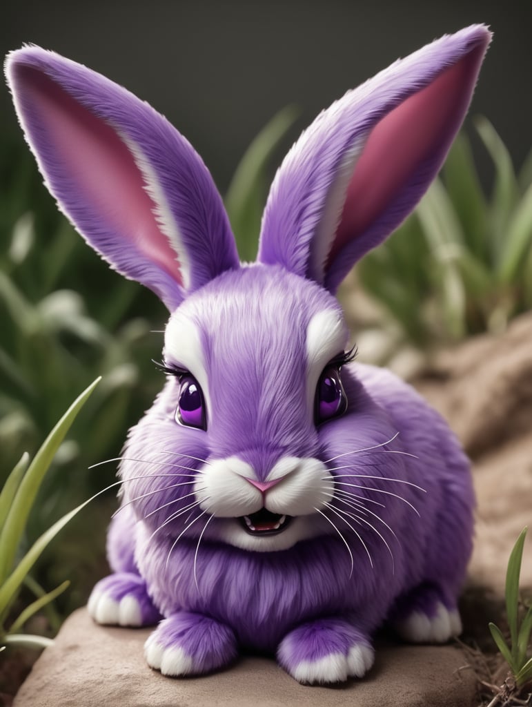 realistic, purple bunny with small tooth sticking out