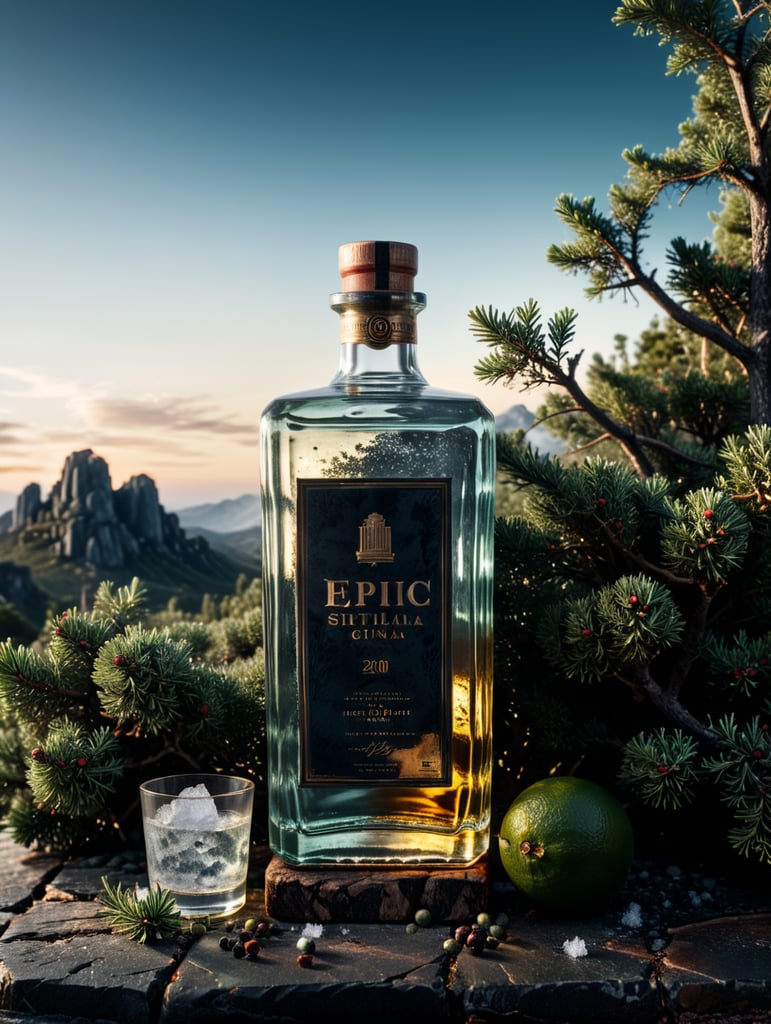 professional photography of a square gin bottle, square bottle, surrounding a juniper and juniper berries, one shot of tequila, salt, no label, clear, mockup