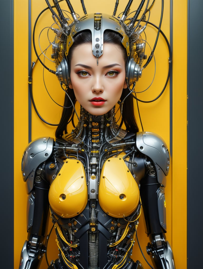 Half body photography, in front of a yellow wall, a futuristic cyborg woman, full of cables and wires and led, an well shaped transparent dark plexiglass latex body plc robots with silver motor head, 80 degree view, art by sergio lopez, natalie shau, james jean and salvador dali