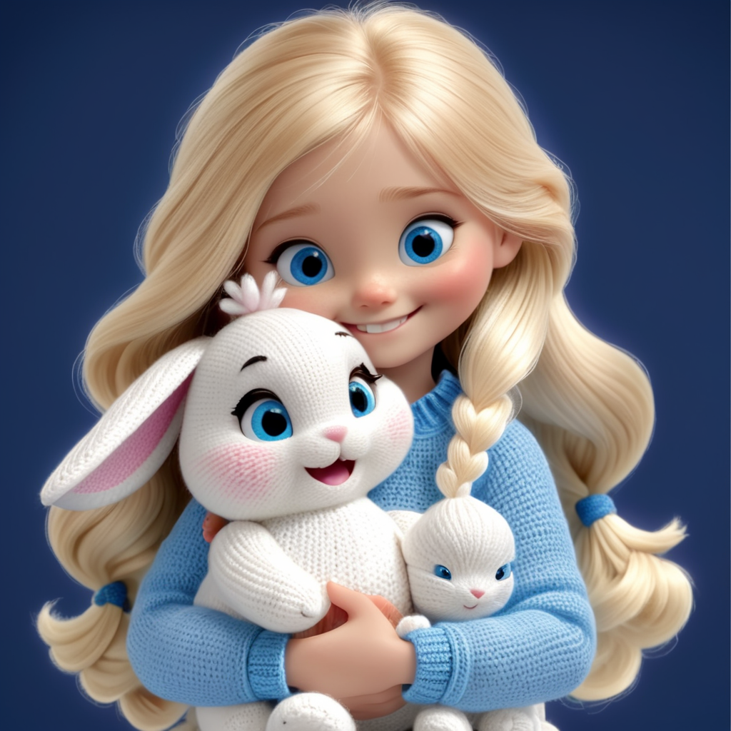 girl with blonde hair and blue eyes, smiling and hugging a white crocheted bunny in her hands, with skeins of yarn around her, Disney Pixar 3D style