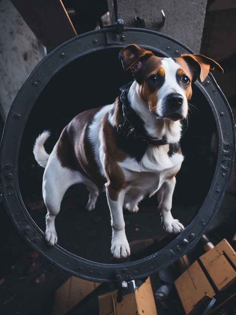 A big dog jack russell in a heroic pose protects the city with the help of a transparent sci-fi shield top view