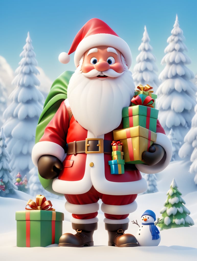 Santa Claus in full height holds a bag of gifts white snowman