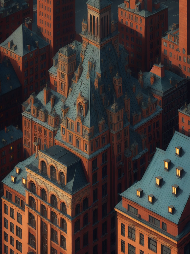 New York buildings in the style of a lithograph by Maurits Cornelis Escher