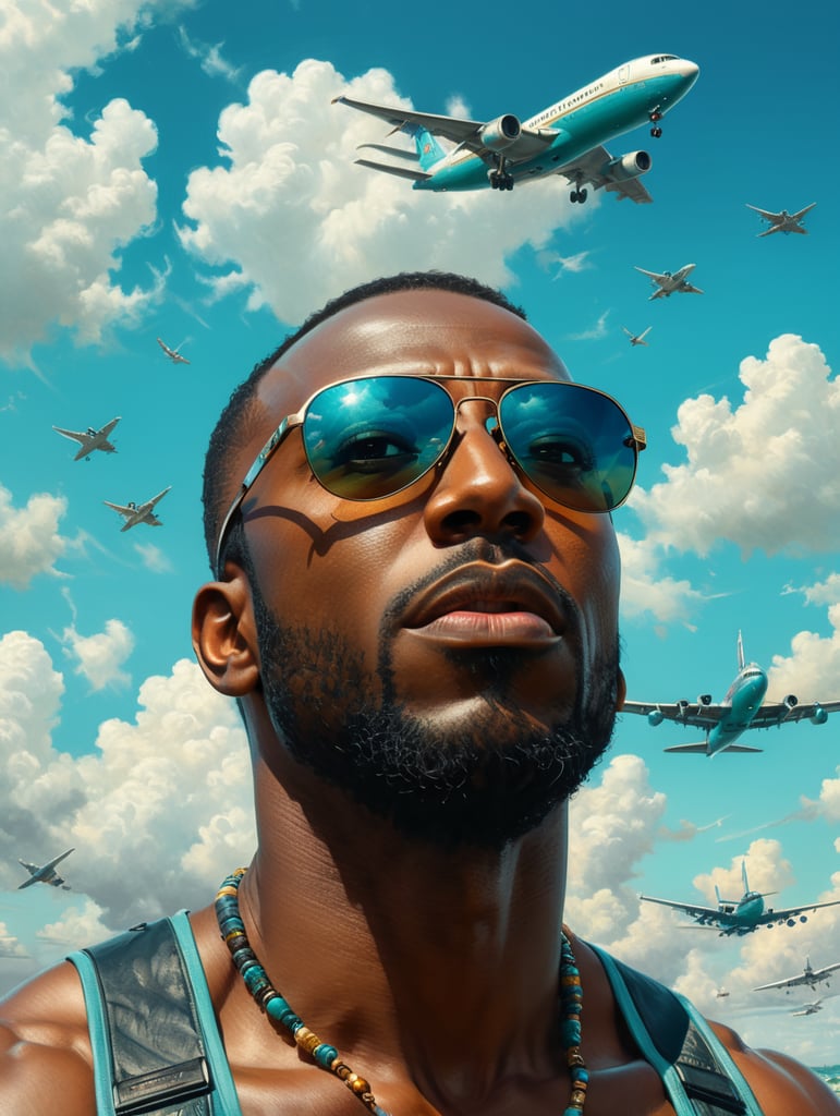 a black man raised his head up, looks at the sky, sunglasses, one airplane flies in a clear sky and leaves a mark, summer, turquoise shades, style of Richard Corben