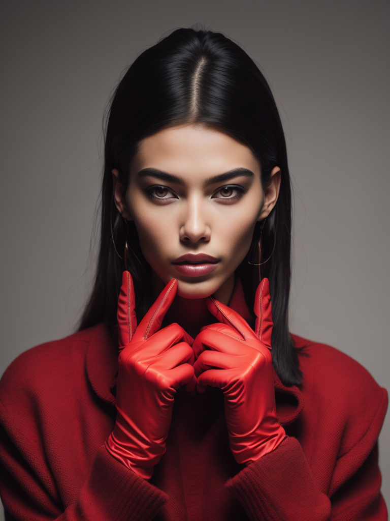 minimalist raw photo, a beautiful person in red gloves holding her face, peeking out, into the glove, in the style of mario testino, jim lee, moody, symmetrical composition, abdel hadi al gazzar, exaggerated facial features, feminine beauty, photo, mischievous feline motif, 16k, lumen