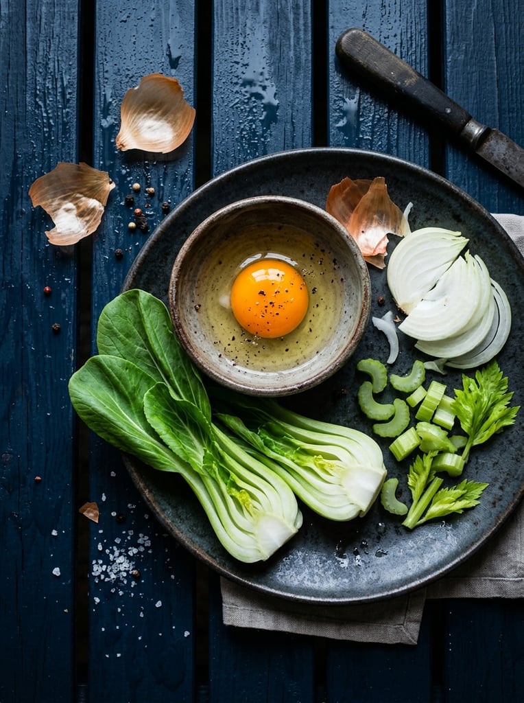 flat lay of raw ingredients on a dark plate, bright orange egg yolk in a small rustic bowl, vibrant green halved bok choy, sliced onions, celery, scattered dry skins, wet dark blue slatted wood background, moody dark food photography, top-down perspective, high contrast