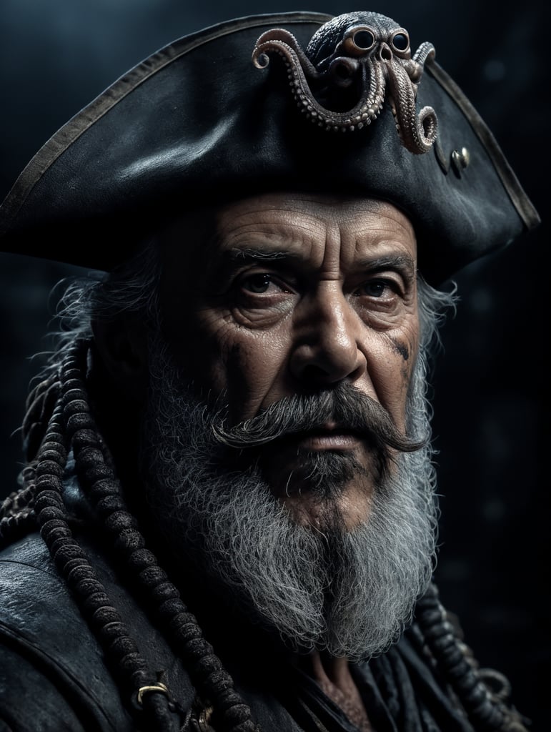 old pirate with octopus beard, dark scene, dark atmosphere, epic shot, sharp on details