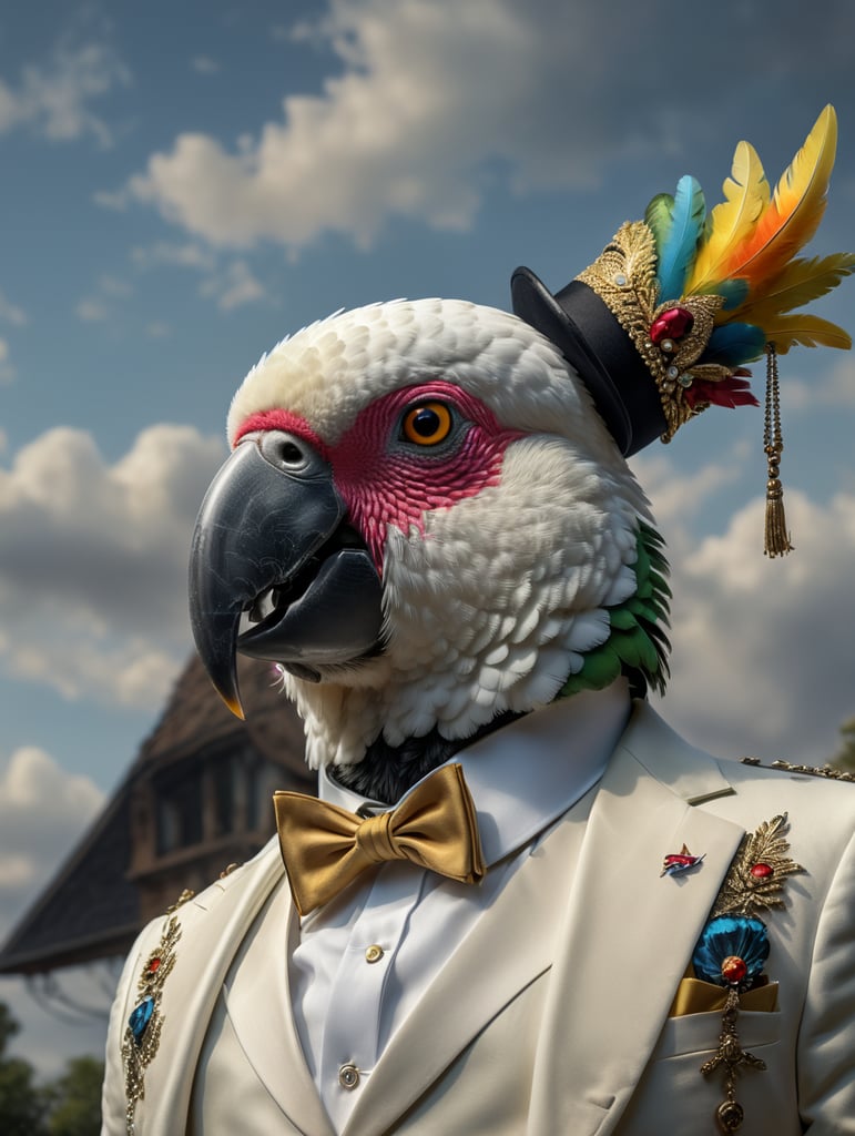 Corella parrot in a tuxedo and hat