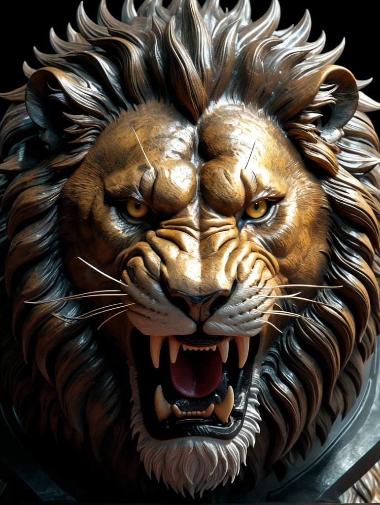 Create a clear glass sculpture angry lion ,and looking in Down of the camera and roaring