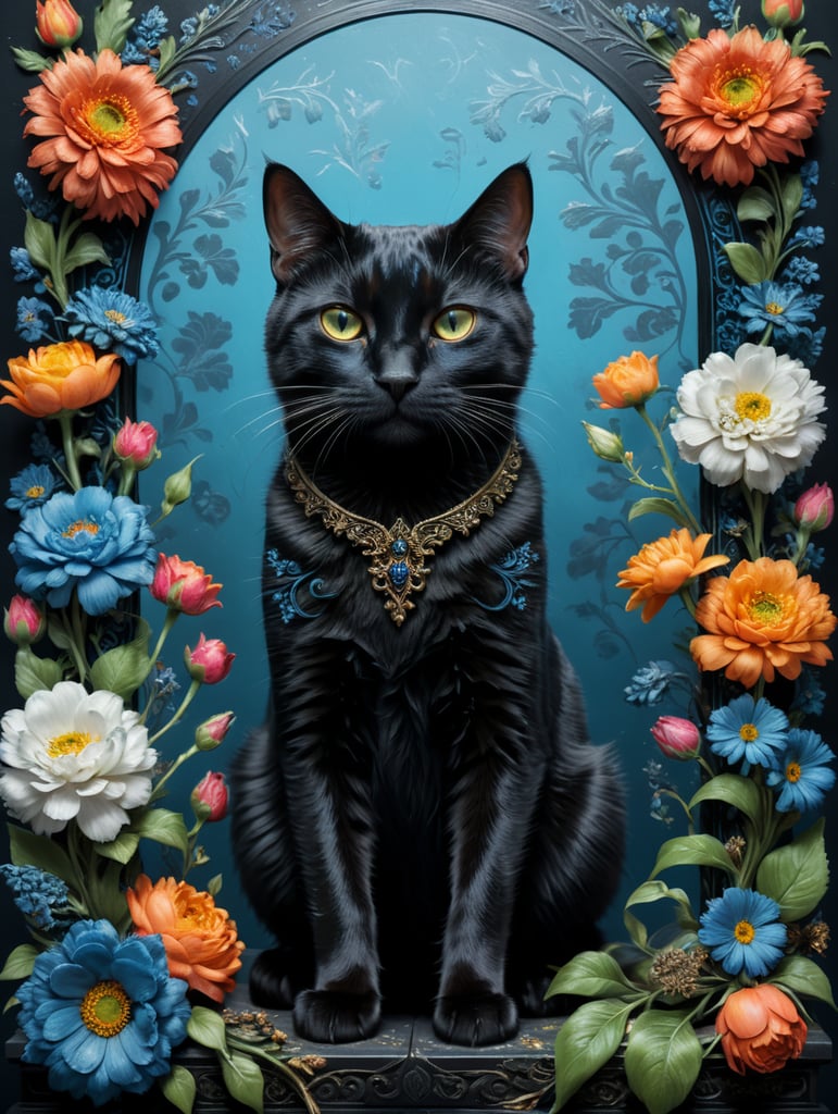 blue blackground whit a black cat whit flowers and briged