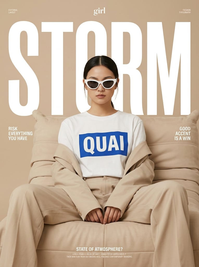 Create a fashion editorial poster with a minimalist beige background and a clean modern magazine aesthetic. Place a huge white uppercase word “STORM” across the top and behind the model as the main graphic element, bold and oversized, filling most of the upper composition. In the center, show a stylish young woman sitting in a relaxed pose on a soft beige sofa or lounge chair. She has sleek dark hair parted in the middle and tied back, a calm confident expression, and wears oversized white futuristic cat-eye sunglasses. Her outfit is neutral and minimal: a white T-shirt with a bold blue rectangular chest print reading “QUAI”, loose beige pants, and a beige jacket draped casually around her arms. Add small editorial text details around the layout, such as a tiny “girl” at the top center, small labels in the corners, and short fashion-style phrases on the left and right like “RISK EVERYTHING YOU HAVE” and “GOOD ACCENT IS A WIN.” At the bottom, include a small caption block with a heading like “STATE OF ATMOSPHERE?” and a few tiny lines of descriptive text. Style: clean editorial fashion poster, monochrome beige palette with white and blue accents, soft studio lighting, modern typography, minimal layout, high-end magazine cover feel, balanced composition, sharp focus, and polished contemporary branding.