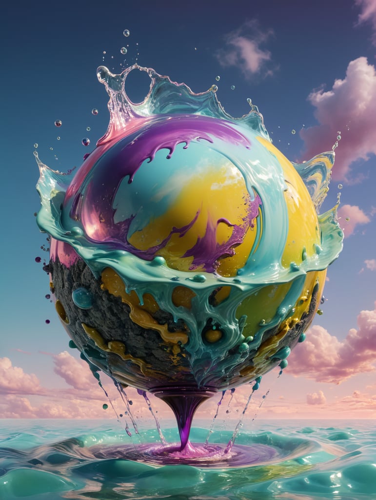 a singular object, floating in mid air, trippy, looks like a ball of liquid porcelain, trap, otherworldly, nature, photorealism, y2k, rave, plain light blue colour background, light green, pinks, purple, yellow