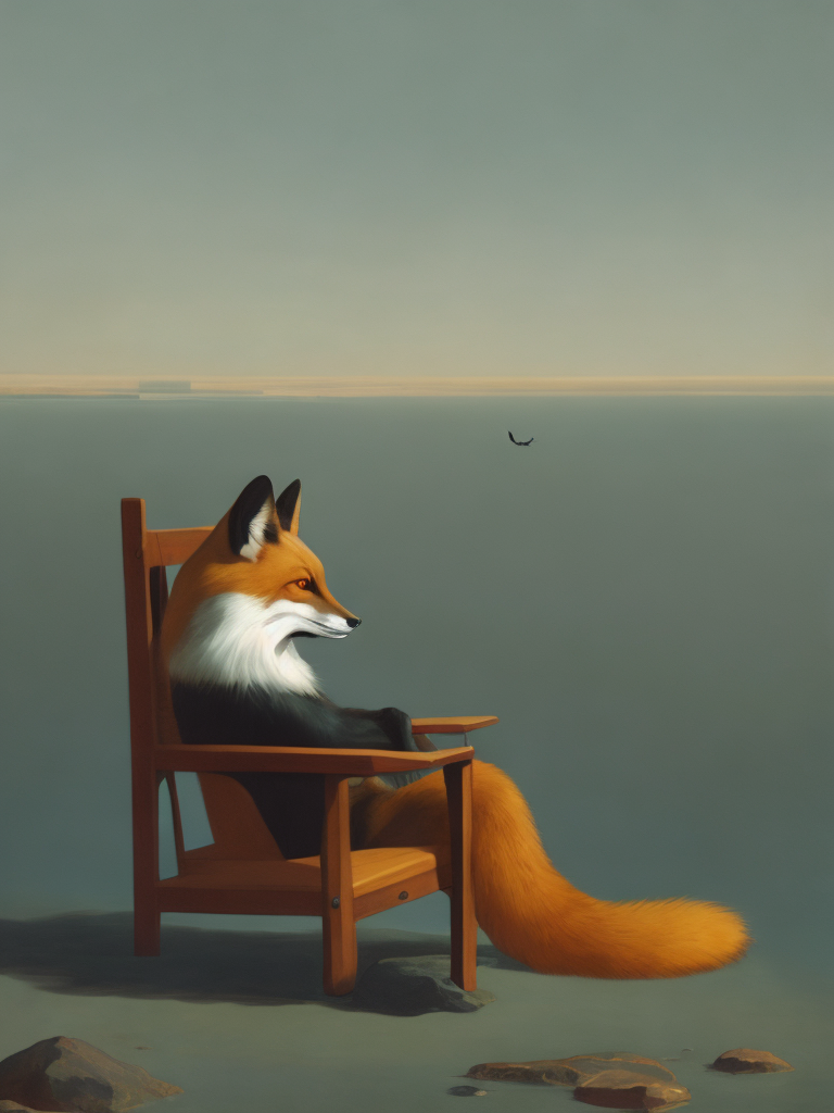 a human fox sitting on a chair looking to the horizon, illustration, painting, china, style of Liu Ye