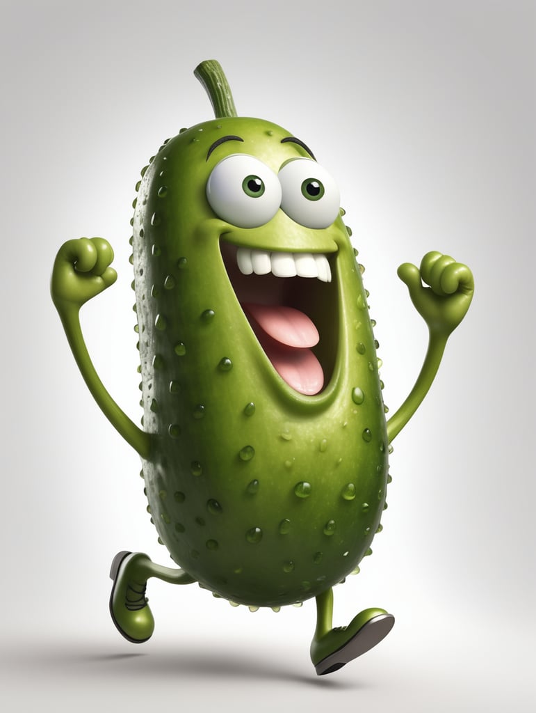 a realistic happy pickle dancing, WHITE background, in the pixar style!