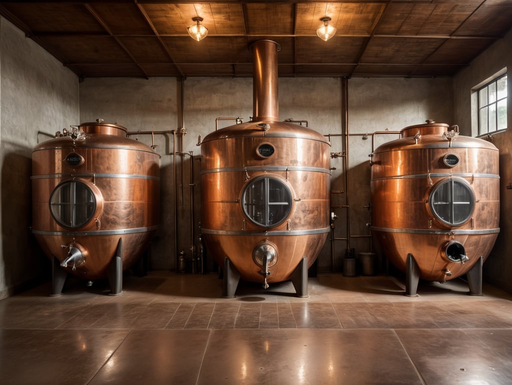 Tanque de cobre vista frontal en un destilería de tequila rústicamente minimalista.