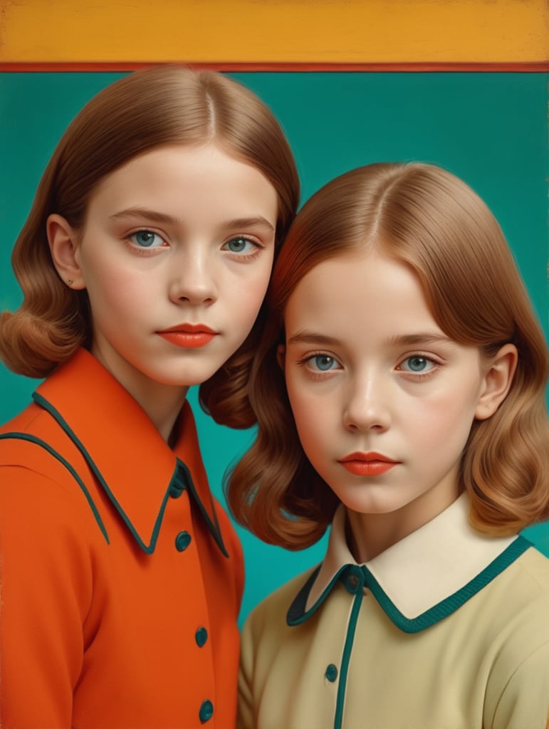 Vintage portrait of two girls, Wes Anderson style, Incredibly high detail, Bright colors