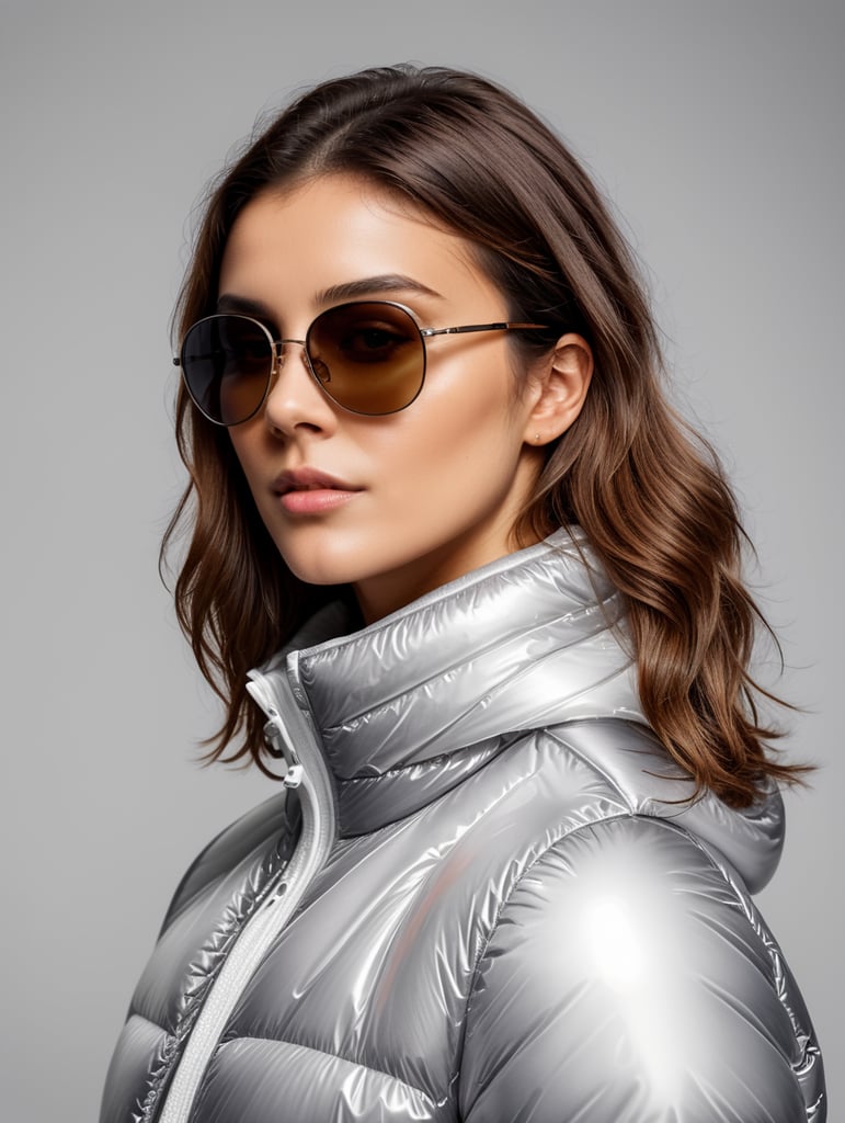 Inflatable white minimalist women's puffer jacket, wearing sunglasses, transparent, isolated, grey background, mockup