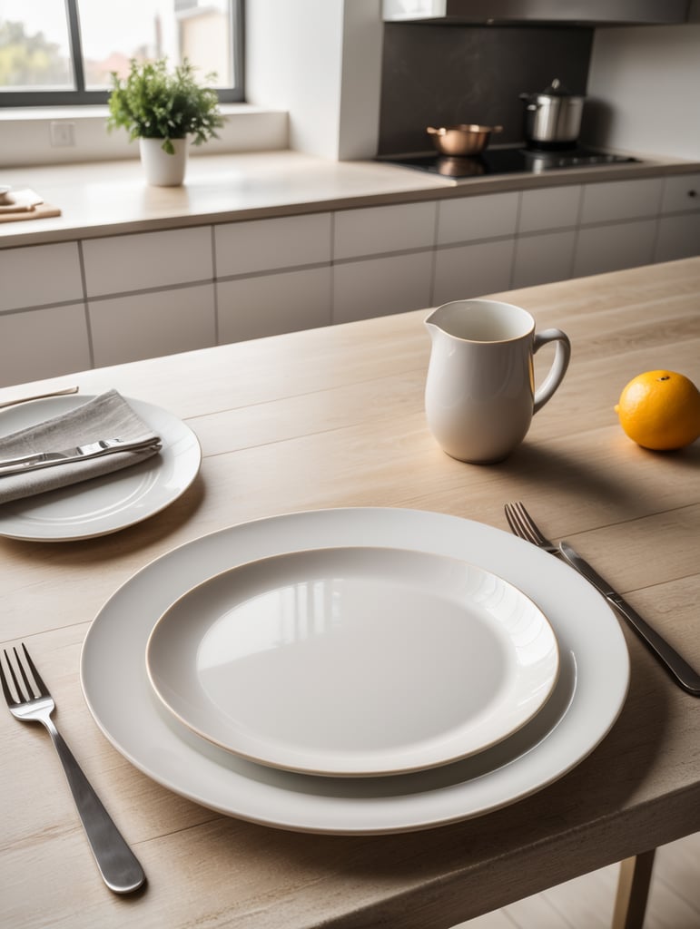 modern kitchen table, empty plate, mockup