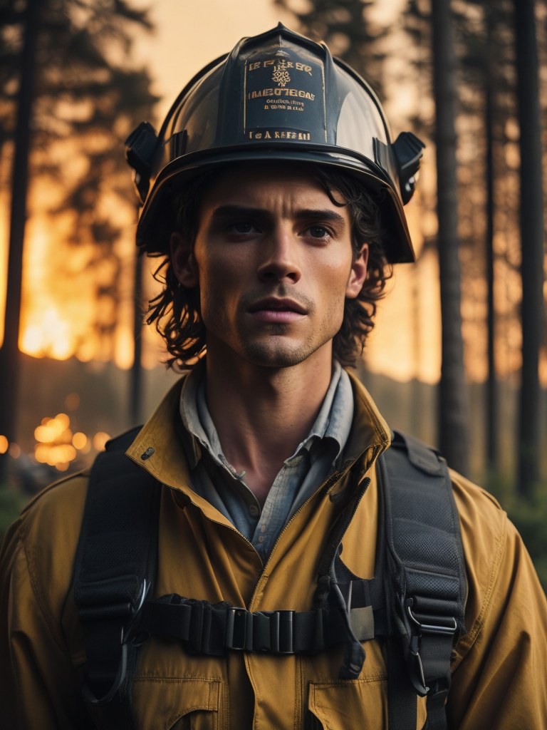 epic portrait of a Firefighter, close-up, forest fire, British Columbia Wildfire, Canada