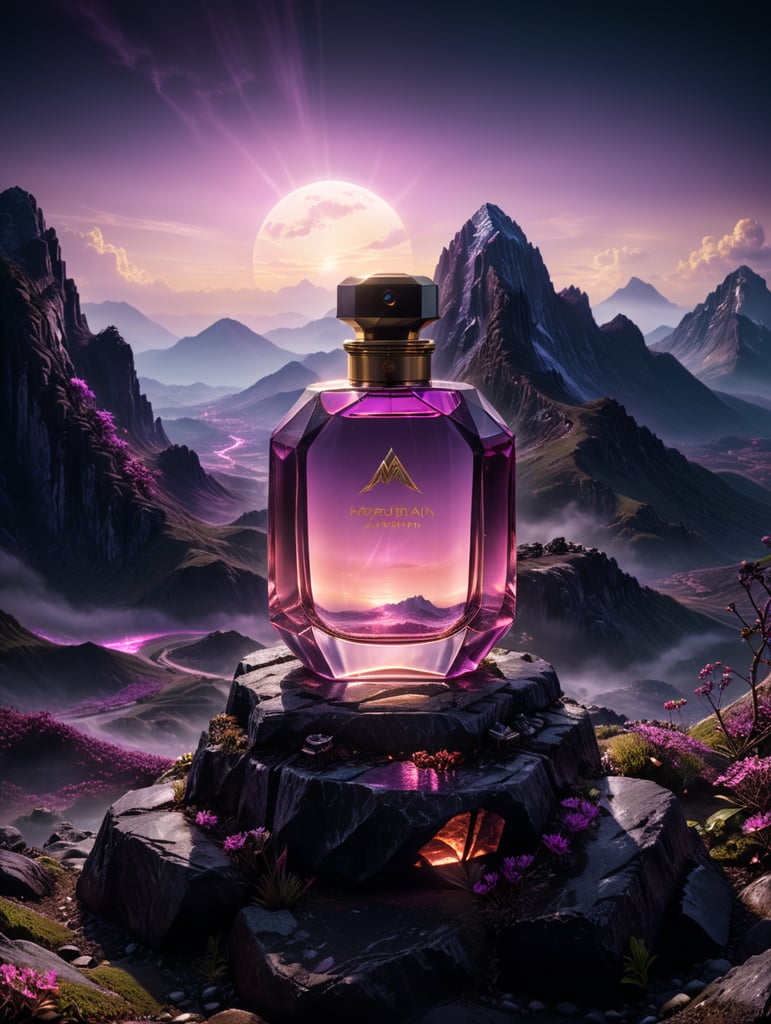 professional photography of a luxury perfume, retrowave landscape, purple neon lights, sun, mountain in the middle, fantasy world look, high dynamic range color, strong highlight, volumetric light, no label, clear, mockup