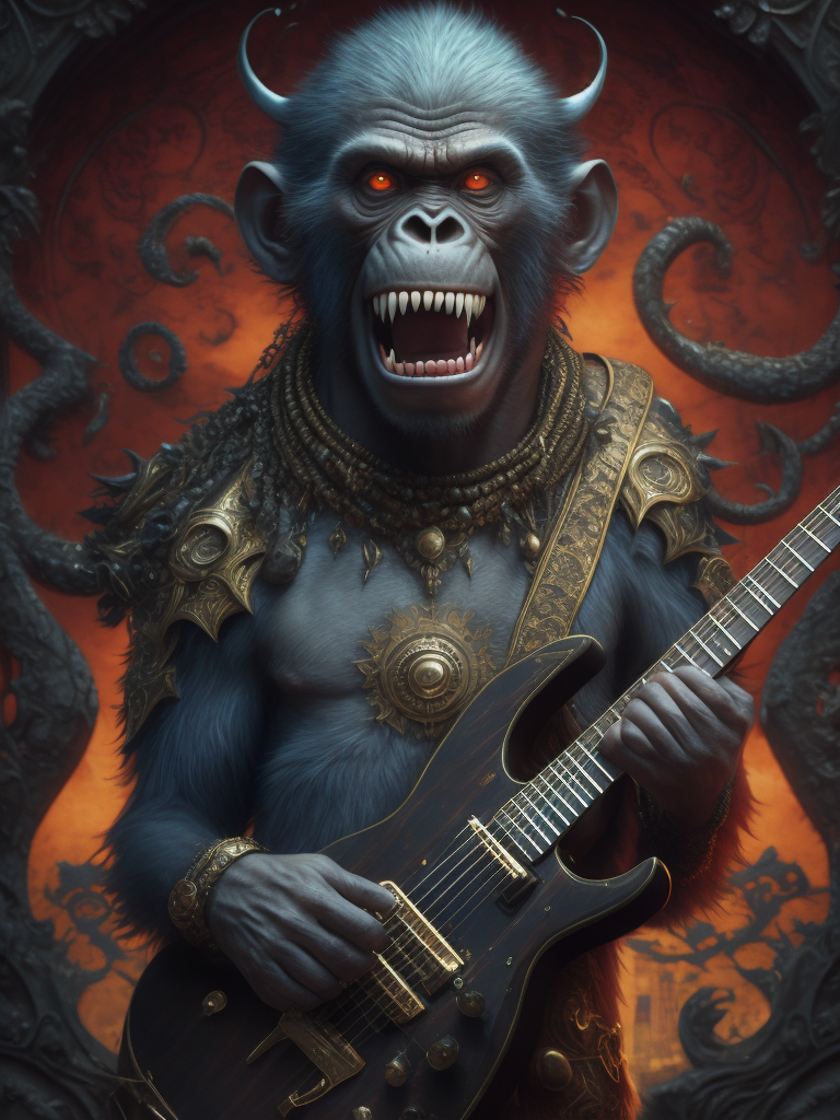 monkey octopus demon playing a heavy metal guitar, made of fractal LSD and rococo DMT, in the style of iconic album covers, style of Robert Williams, Nychos, artofsickness666, extremely detailed, insanely detailed and intricate, hypermaximalist, high detail, concept art