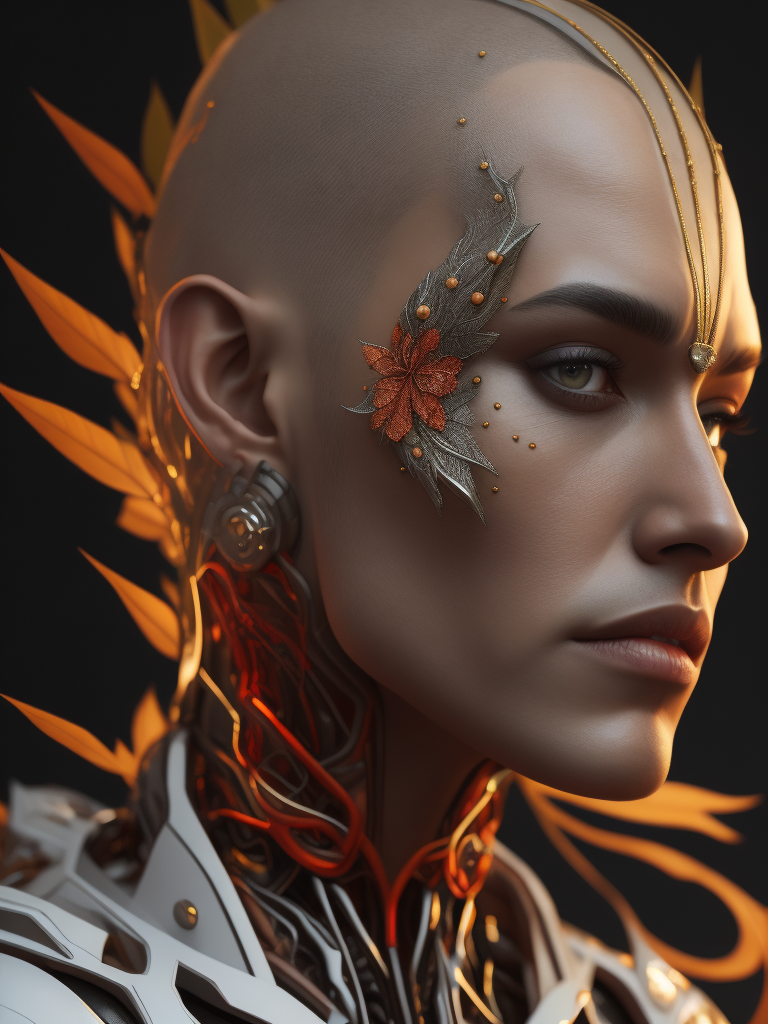 Complex 3d render ultra detailed of a beautiful profile angel, biomechanical cyborg, analog, 150 mm lens, beautiful natural soft rim light, big leaves and stems, roots, fine foliage lace, colorful details, samourai, boris bidjan saberi outfit, pearl earring, piercing, art nouveau fashion embroidered, intricate details, mesh wire, mandelbrot fractal, anatomical, facial muscles, cable wires, microchip, badass, hyper realistic, ultra detailed, octane render, volumetric lighting, red and white with a bit of black, detailled metalic bones, semi human, iridescent colors, glenn brown style, black background