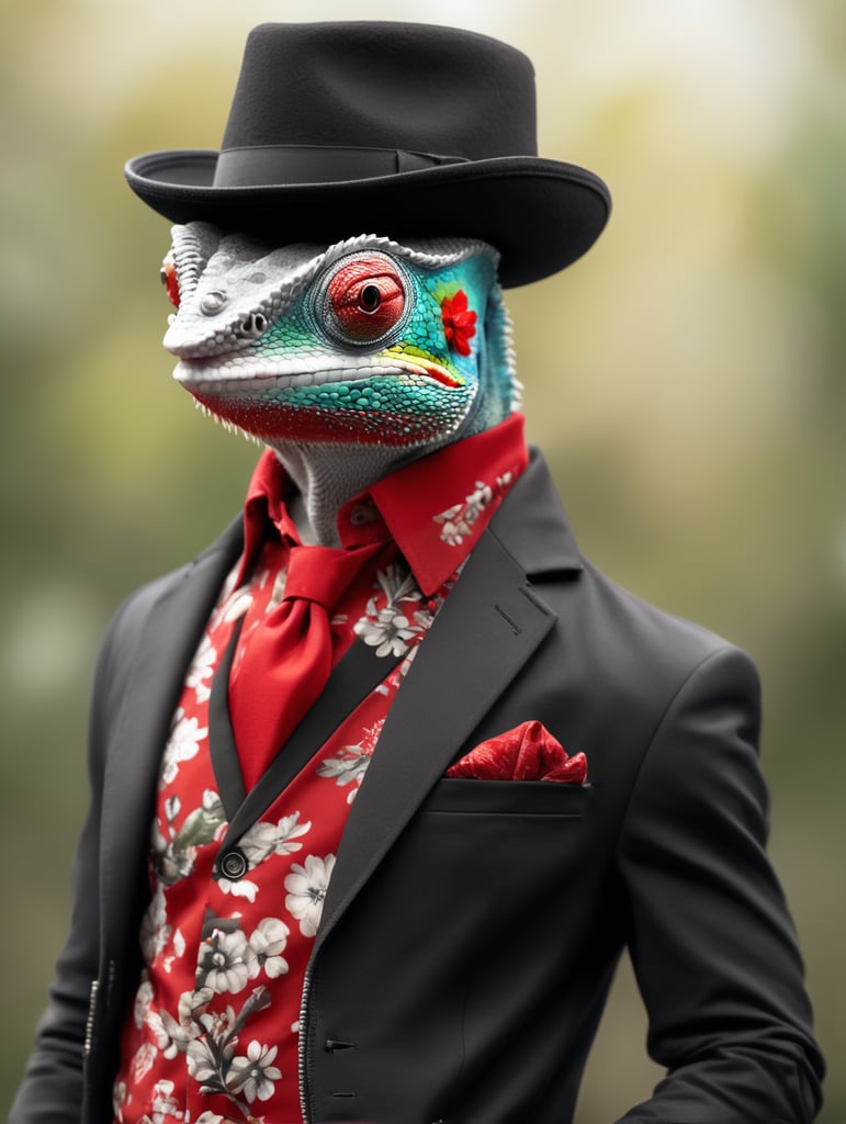 A chameleon wearing a red floral print shirt, black jacket, and red hat.