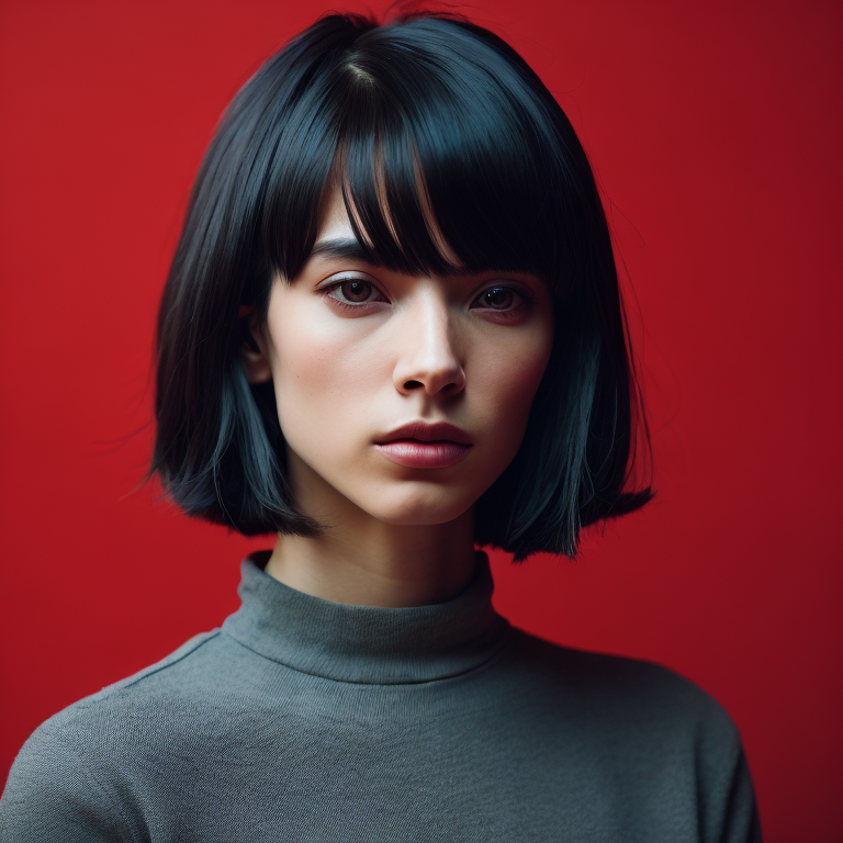 portrait a women with bob haircut, red background, black hair, black eye, light particles around