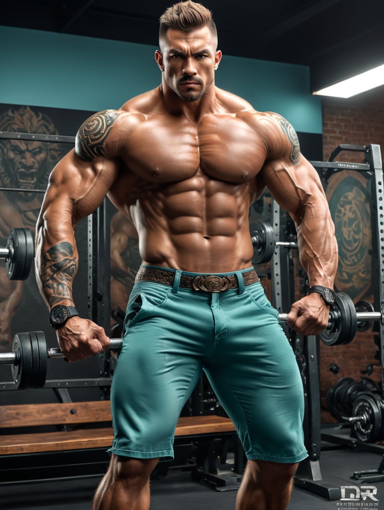 a strong looking body building guy flexing his muscles, in the style of dusseldorf school of photography, onii kei, light teal and light bronze, performance, tattoo-inspired, webcam photography, elegant realism