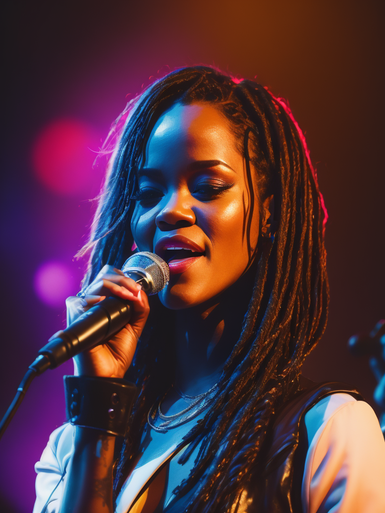 Singer Rihanna sings at a concert, spotlights, bright lights, Vivid saturated colors, Contrast light, professional photo, Detailed image, detailed face,