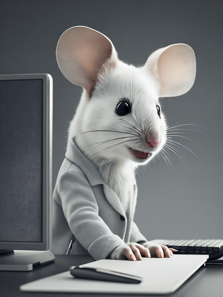 Cute white mouse look like a human stylized as a software engineer near the computer. Large free space on the left half of image. High key. White color.