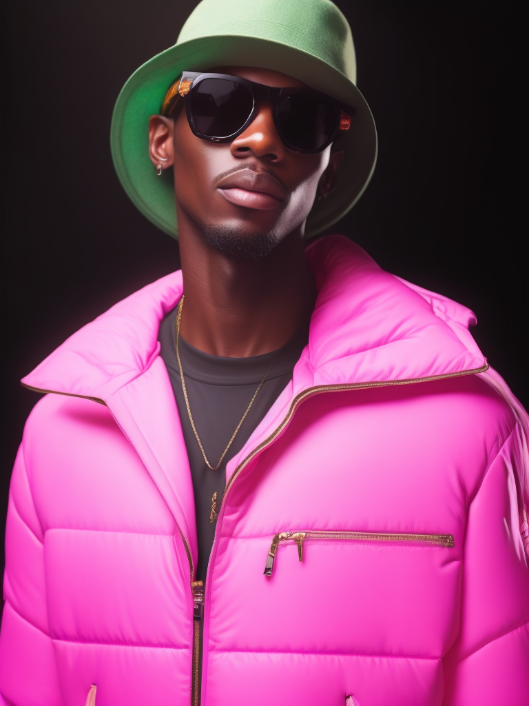 Black male fashion model, Wearing a pink jacket and a green panama hat, large black sunglasses, Black background, Bright and rich colors, bright saturated color, sharp focus,