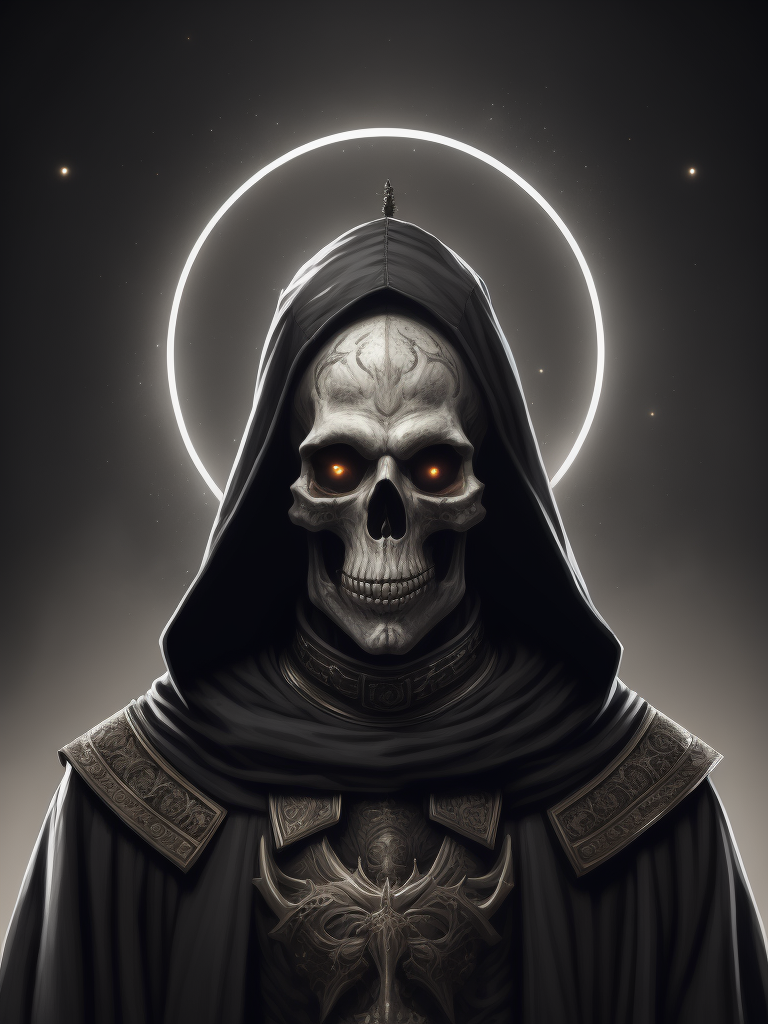 black ink illustration of a skeleton pope with a glowing halo around his head, black background, highly detailed, gig poster style