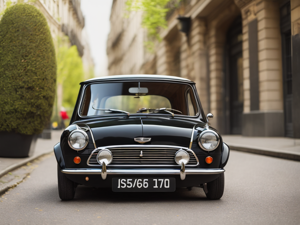 A black austin mini from 1970, with a lot of details, on paris