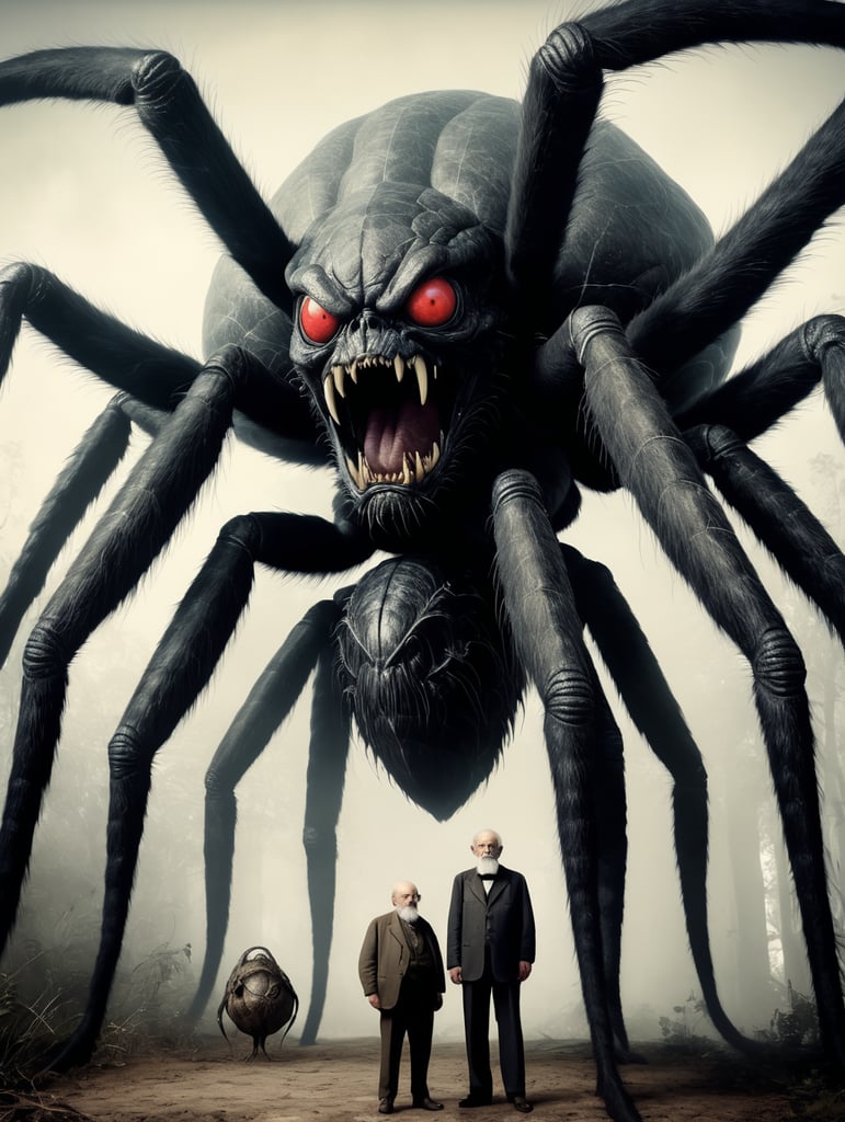 Old man standing next to a giant spider monster, in the style of contemporary vintage photography, necronomicon illustrations, tabletop photography, 1890, hyperrealistic animal portraits, ghostly presence, whirring contrivances