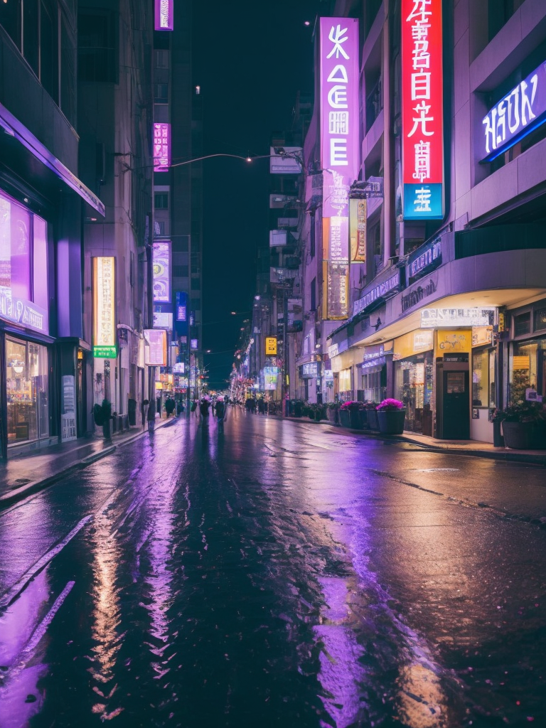 Little Tokyo street at night in neon light, neon advertising, purple-pink-blue tones, puddles on the road, incredible details, sharp focus
