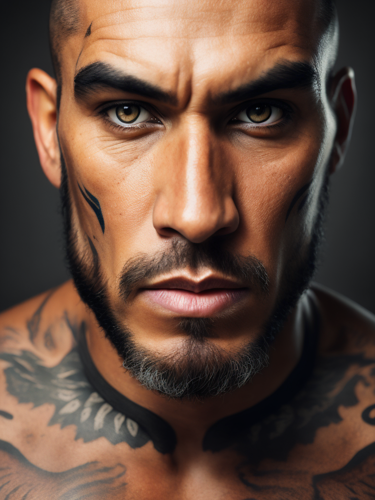 Portrait of a powerful muscular New Zealand native man with a formidable face, face tattoos, contrast color, studio photo, professional photo, rich colors, detailed image