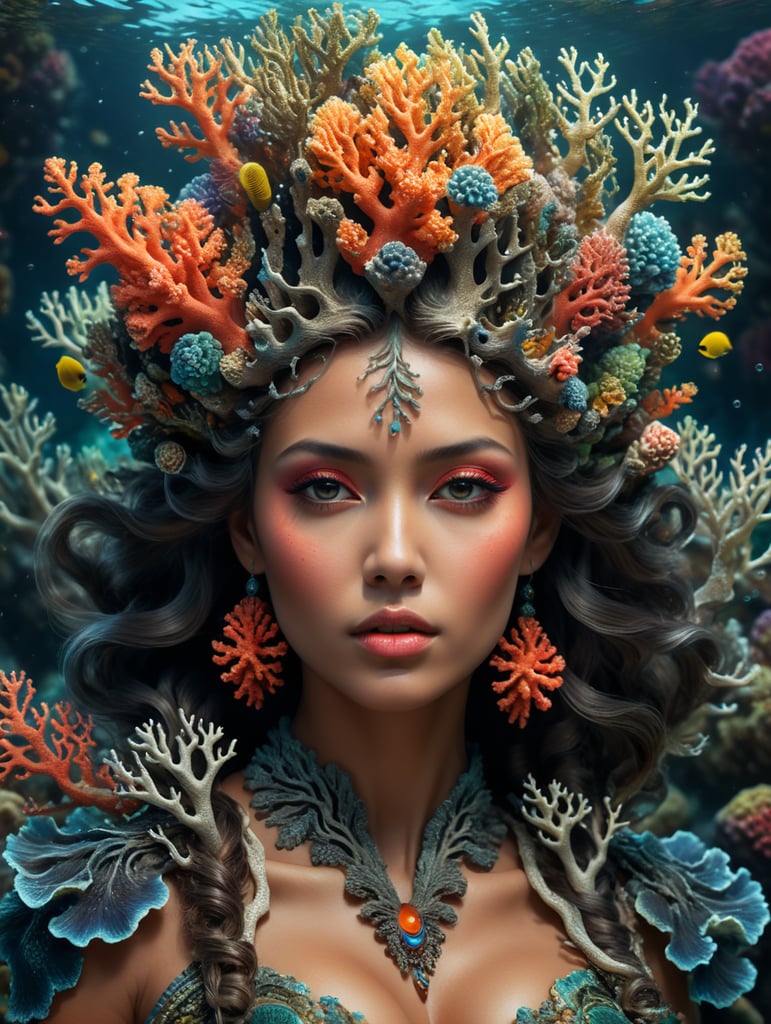 WS,an image of a woman with corals in her hair, in the style of mixes realistic and fantastical elements,fashion Deep V clothing, 4k