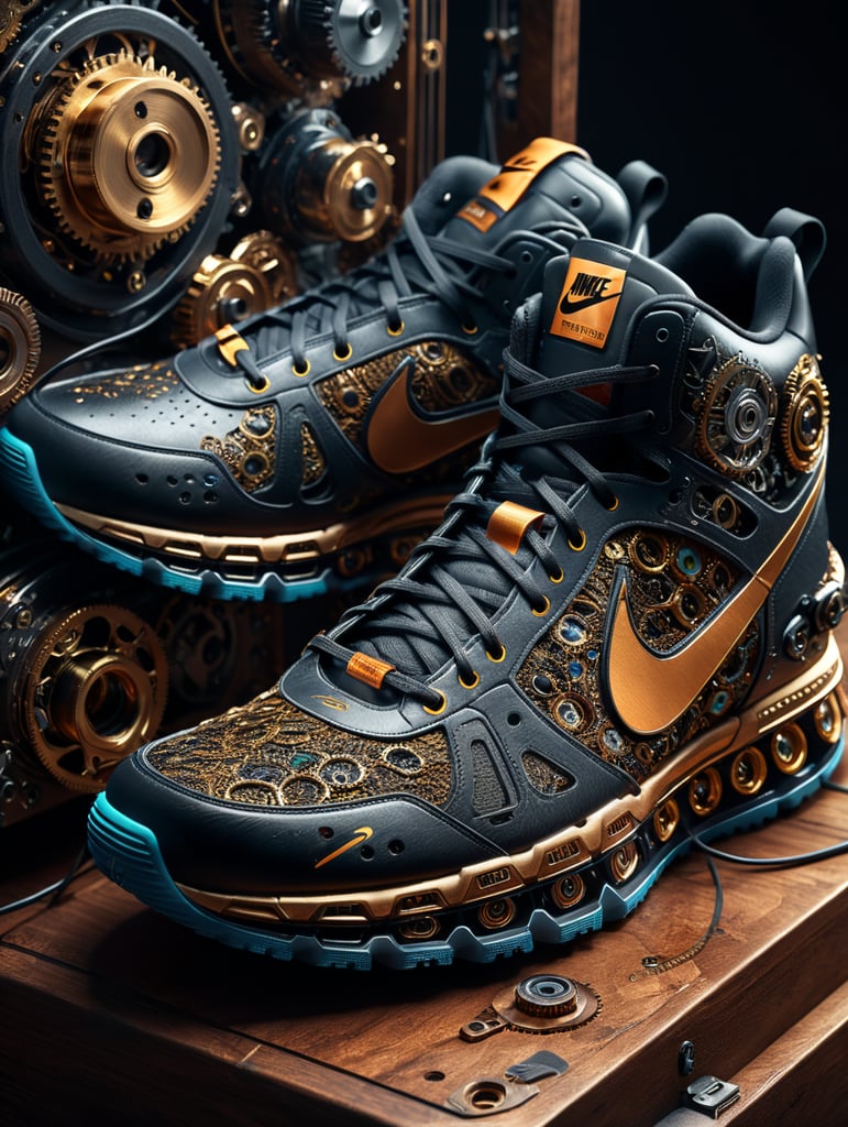 Nike sneakers made out gears, wires, mechanical, electronics, pcb, hyper-realis, futurist, stunning unreal engine render, product photography 8k, hyper-realistic. surrealism