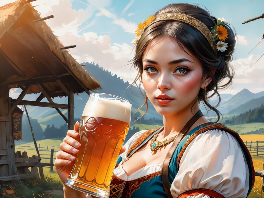 anglo saxon woman on Cute Poster Art for Oktober Fest in the German countryside, girl dressed in traditional tracht and drinking beer, new exciting angle